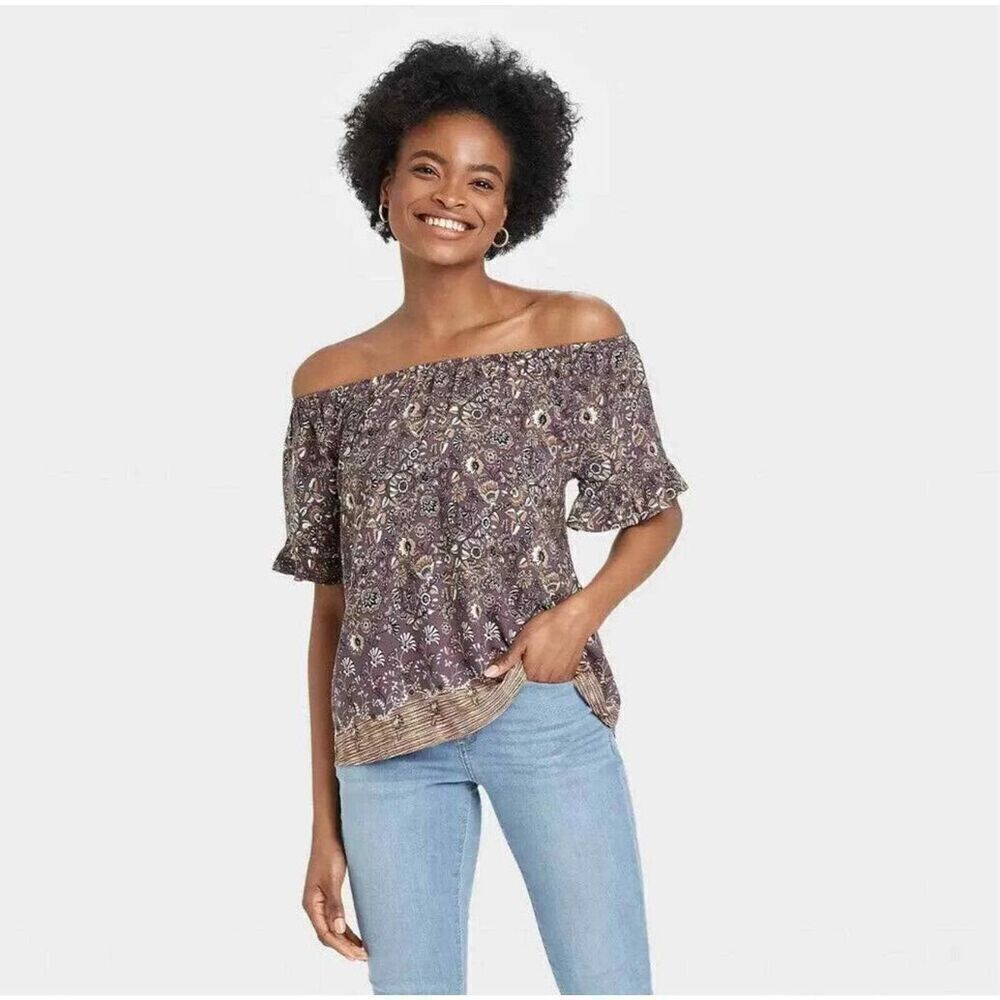 Knox Rose Off Shoulder Floral Top Purple Brown 4X Ruffle Sleeve Boho